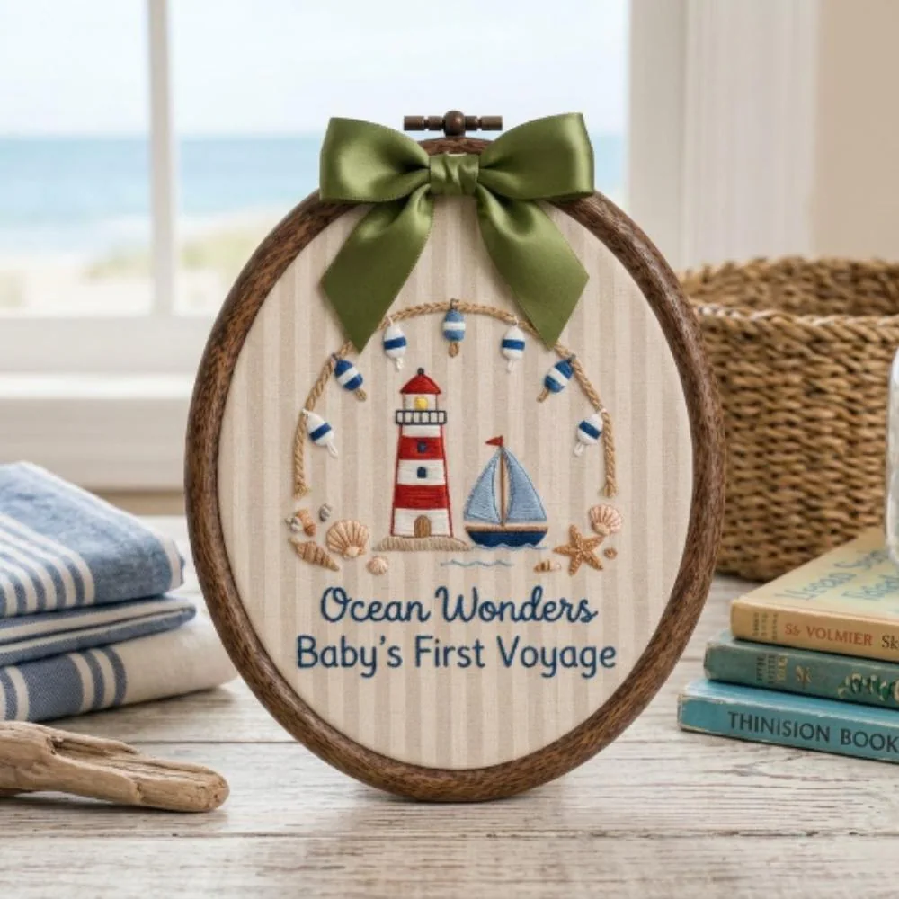 Nautical Baby Embroidery Hoop, Ocean Wonders Baby's First Voyage, Lighthouse Sailboat Nursery Decor, Coastal Nursery Wall Art YB1603