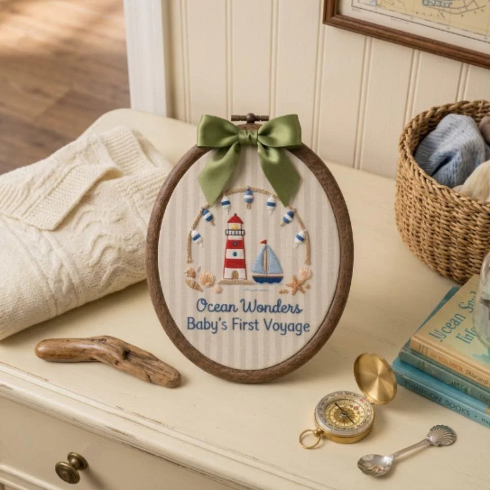 Nautical Baby Embroidery Hoop, Ocean Wonders Baby's First Voyage, Lighthouse Sailboat Nursery Decor, Coastal Nursery Wall Art YB1603 - Media 2