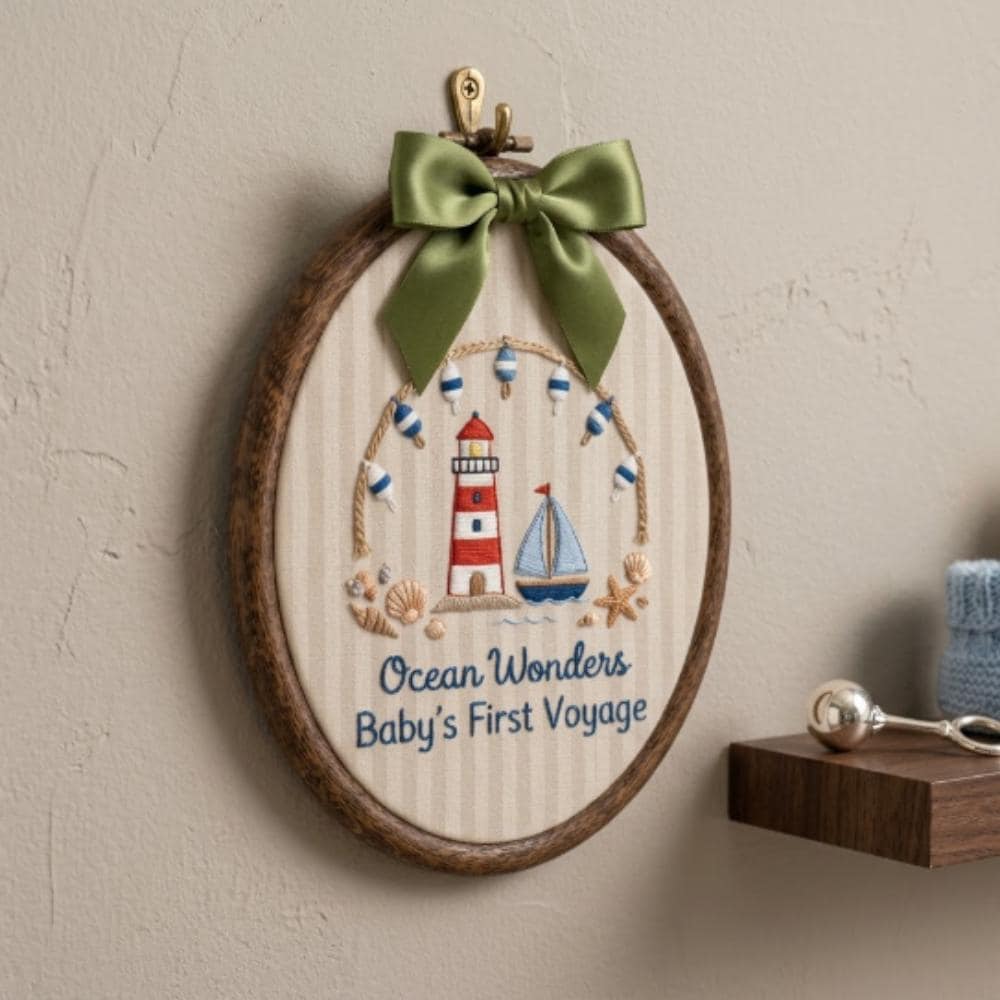Nautical Baby Embroidery Hoop, Ocean Wonders Baby's First Voyage, Lighthouse Sailboat Nursery Decor, Coastal Nursery Wall Art YB1603 - Media 3