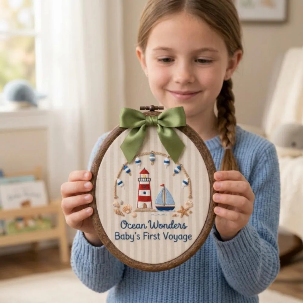 Nautical Baby Embroidery Hoop, Ocean Wonders Baby's First Voyage, Lighthouse Sailboat Nursery Decor, Coastal Nursery Wall Art YB1603 - Media 4