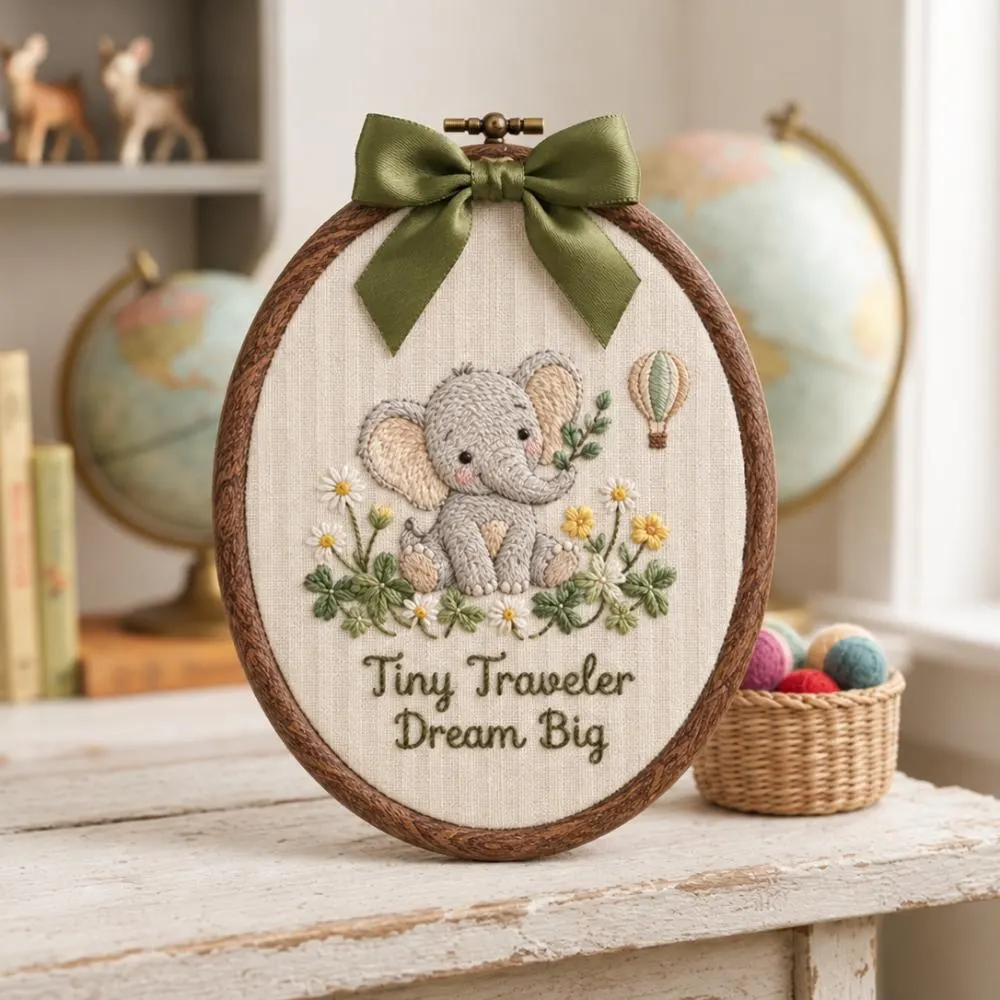Tiny Traveler Dream Big Nursery Wall Art, Personalized Elephant Embroidery Hoop, Custom Baby Name Decor, Boho Baby Gift YB1603