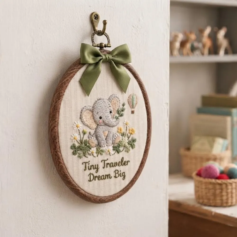 Tiny Traveler Dream Big Nursery Wall Art, Personalized Elephant Embroidery Hoop, Custom Baby Name Decor, Boho Baby Gift YB1603 - Media 2