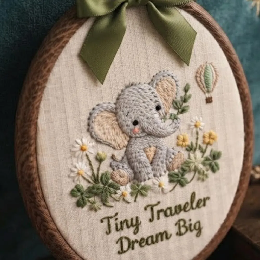 Tiny Traveler Dream Big Nursery Wall Art, Personalized Elephant Embroidery Hoop, Custom Baby Name Decor, Boho Baby Gift YB1603 - Media 3