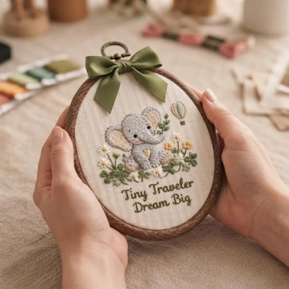 Tiny Traveler Dream Big Nursery Wall Art, Personalized Elephant Embroidery Hoop, Custom Baby Name Decor, Boho Baby Gift YB1603 - Media 4