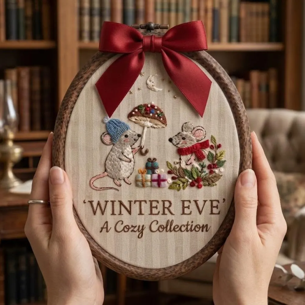 Winter Eve Hand Embroidered Mice Hoop Art, Christmas Mouse Decor, Cozy Woodland Mushroom Embroidery, Unique Holiday Gift YB1603
