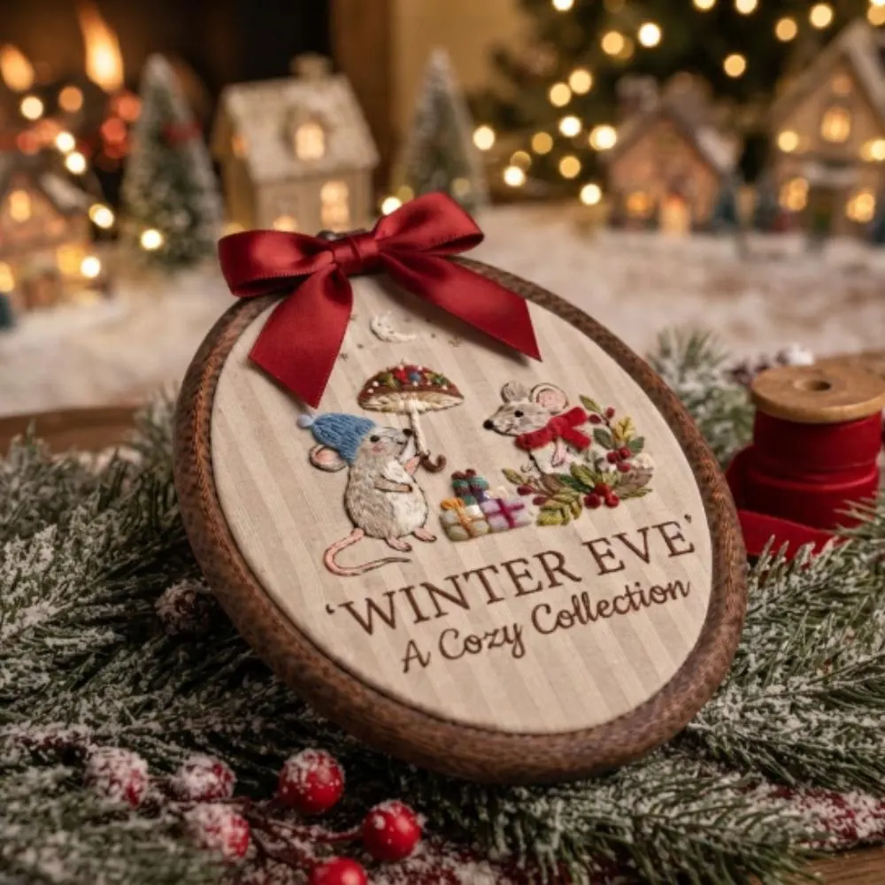 Winter Eve Hand Embroidered Mice Hoop Art, Christmas Mouse Decor, Cozy Woodland Mushroom Embroidery, Unique Holiday Gift YB1603 - Media 2