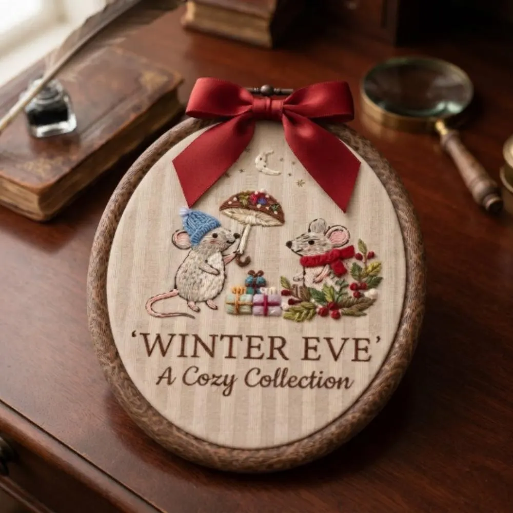 Winter Eve Hand Embroidered Mice Hoop Art, Christmas Mouse Decor, Cozy Woodland Mushroom Embroidery, Unique Holiday Gift YB1603 - Media 3