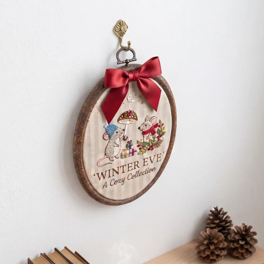 Winter Eve Hand Embroidered Mice Hoop Art, Christmas Mouse Decor, Cozy Woodland Mushroom Embroidery, Unique Holiday Gift YB1603 - Media 5