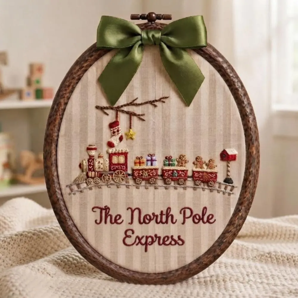 The North Pole Express Embroidery Hoop Art, Christmas Train Wall Decor, Gingerbread Man Holiday Gift, Festive Nursery Art YB1603