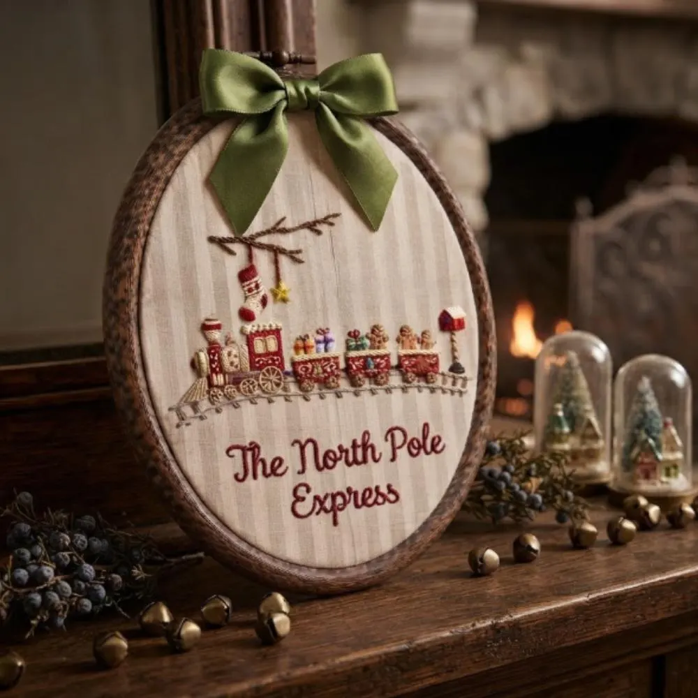 The North Pole Express Embroidery Hoop Art, Christmas Train Wall Decor, Gingerbread Man Holiday Gift, Festive Nursery Art YB1603 - Media 2