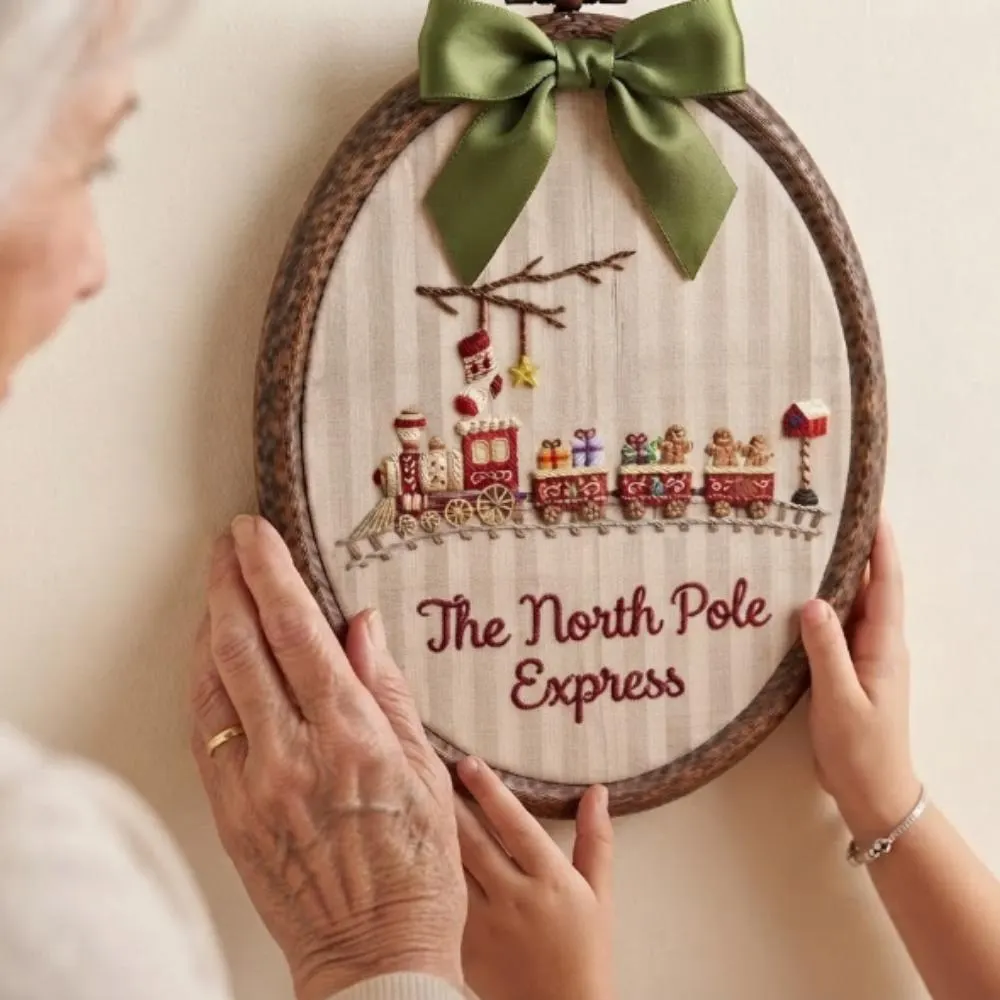 The North Pole Express Embroidery Hoop Art, Christmas Train Wall Decor, Gingerbread Man Holiday Gift, Festive Nursery Art YB1603 - Media 3