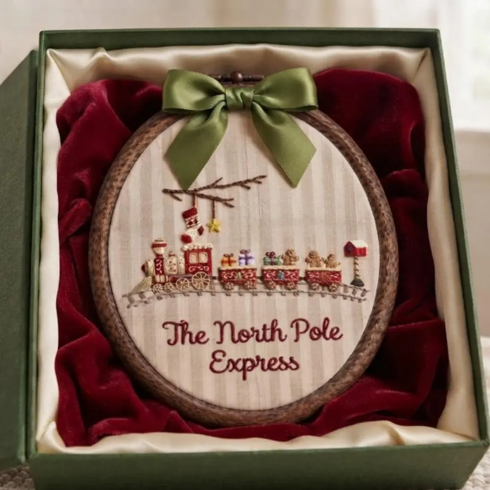 The North Pole Express Embroidery Hoop Art, Christmas Train Wall Decor, Gingerbread Man Holiday Gift, Festive Nursery Art YB1603 - Media 4