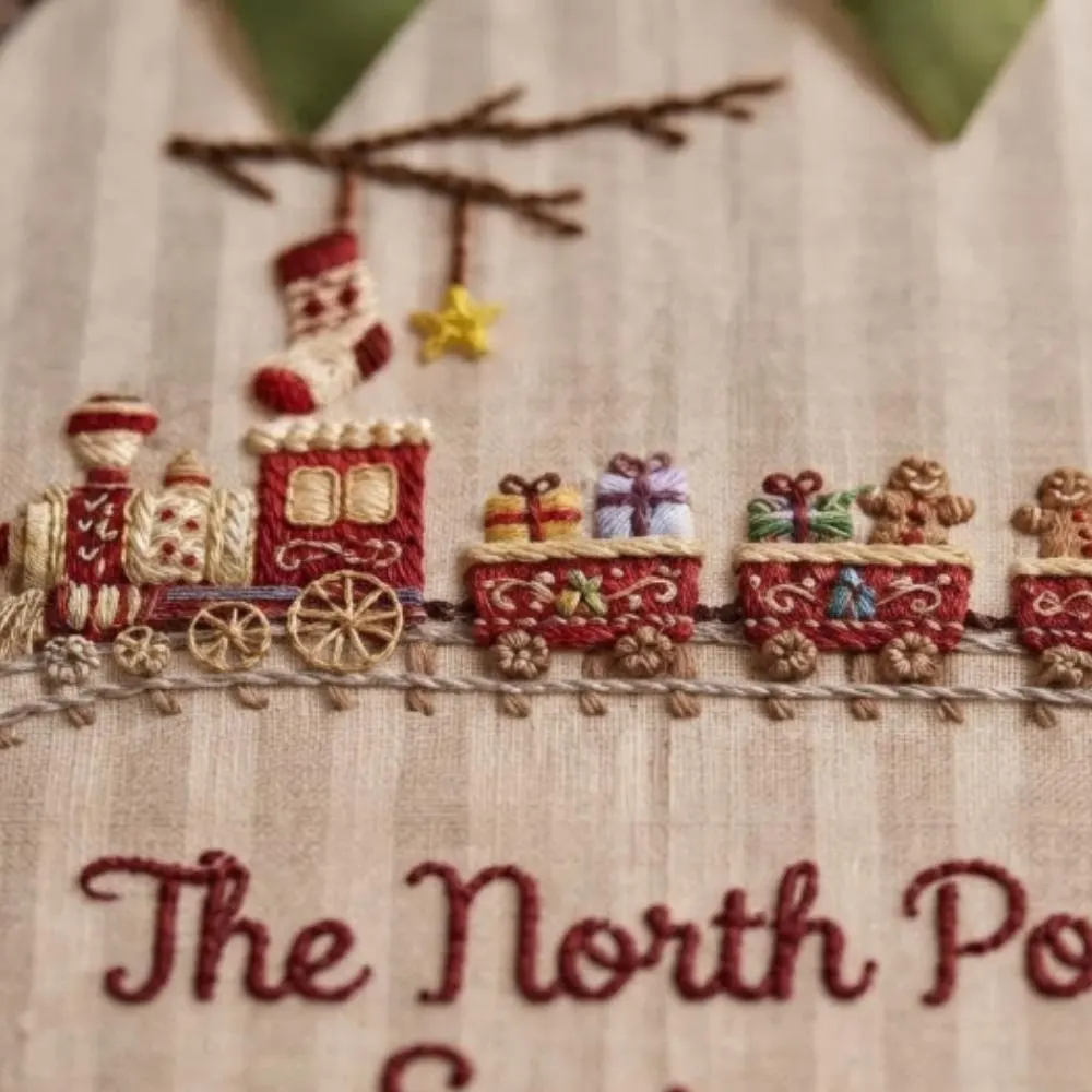 The North Pole Express Embroidery Hoop Art, Christmas Train Wall Decor, Gingerbread Man Holiday Gift, Festive Nursery Art YB1603 - Media 5