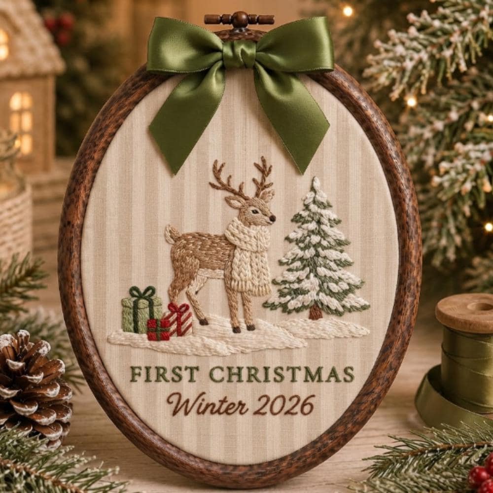 Baby's First Christmas 2026 Personalized Embroidery Hoop, Reindeer Nursery Decor, Custom Winter Baby Gift YB1603
