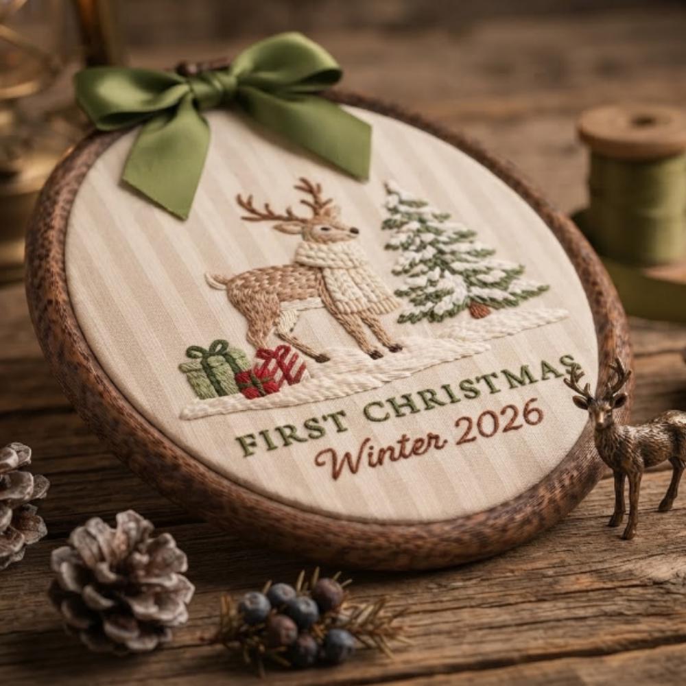 Baby's First Christmas 2026 Personalized Embroidery Hoop, Reindeer Nursery Decor, Custom Winter Baby Gift YB1603 - Media 2
