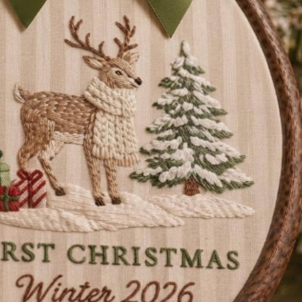 Baby's First Christmas 2026 Personalized Embroidery Hoop, Reindeer Nursery Decor, Custom Winter Baby Gift YB1603 - Media 3