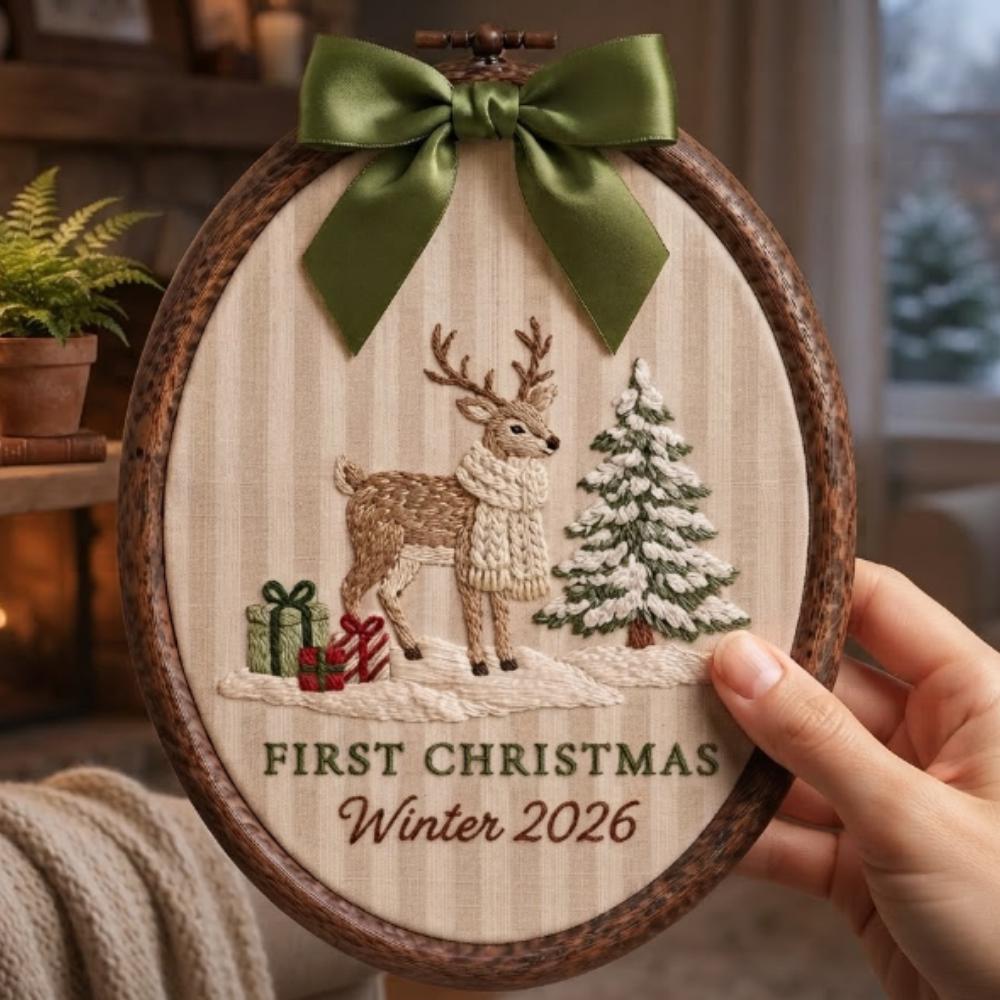 Baby's First Christmas 2026 Personalized Embroidery Hoop, Reindeer Nursery Decor, Custom Winter Baby Gift YB1603 - Media 4