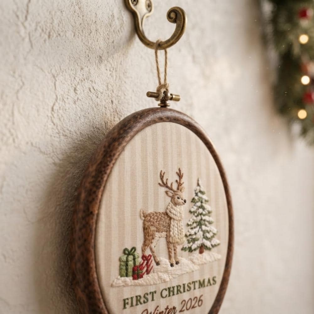 Baby's First Christmas 2026 Personalized Embroidery Hoop, Reindeer Nursery Decor, Custom Winter Baby Gift YB1603 - Media 5