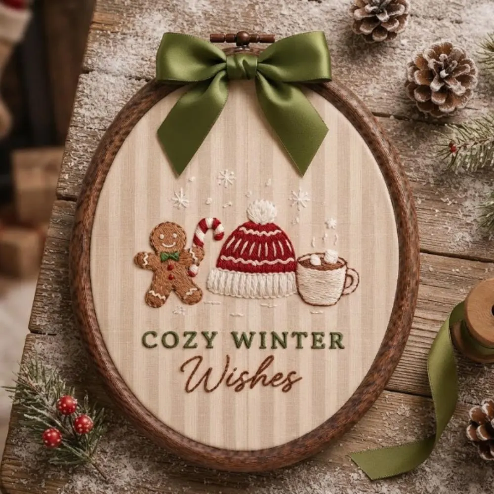 Cozy Winter Wishes Embroidery Hoop Art, Gingerbread Man Decor, Hot Cocoa and Beanie Wall Hanging, Rustic Christmas Gift YB1603
