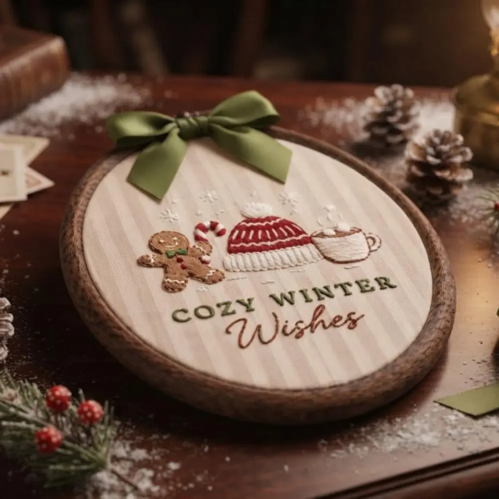 Cozy Winter Wishes Embroidery Hoop Art, Gingerbread Man Decor, Hot Cocoa and Beanie Wall Hanging, Rustic Christmas Gift YB1603 - Media 2
