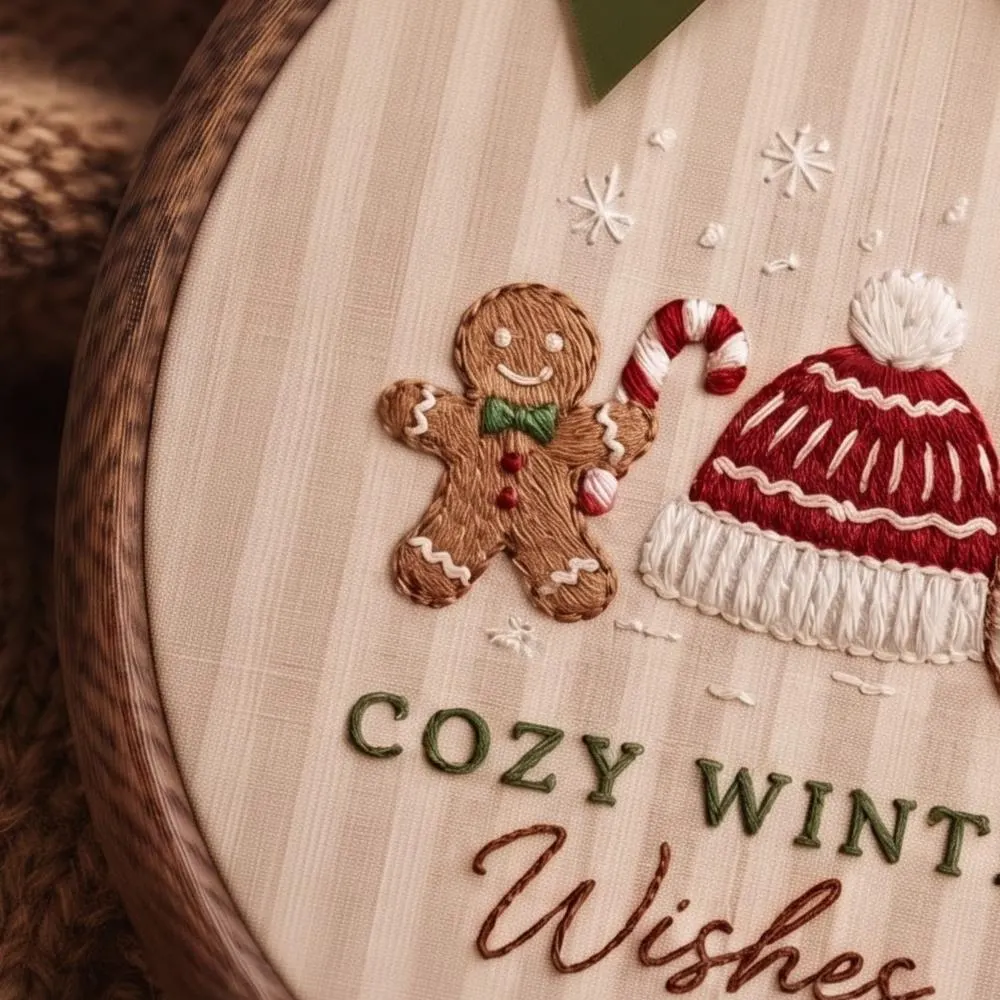 Cozy Winter Wishes Embroidery Hoop Art, Gingerbread Man Decor, Hot Cocoa and Beanie Wall Hanging, Rustic Christmas Gift YB1603 - Media 3
