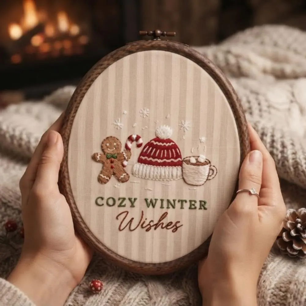 Cozy Winter Wishes Embroidery Hoop Art, Gingerbread Man Decor, Hot Cocoa and Beanie Wall Hanging, Rustic Christmas Gift YB1603 - Media 4