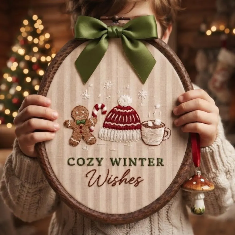 Cozy Winter Wishes Embroidery Hoop Art, Gingerbread Man Decor, Hot Cocoa and Beanie Wall Hanging, Rustic Christmas Gift YB1603 - Media 5