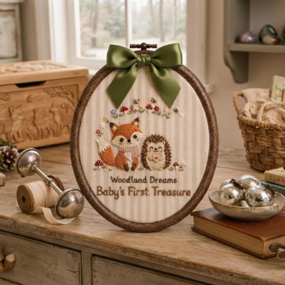 Personalized Woodland Nursery Decor, Fox and Hedgehog Hand-Finished Embroidery Hoop Art, Babyâ€™s First Treasure Keepsake YB1603