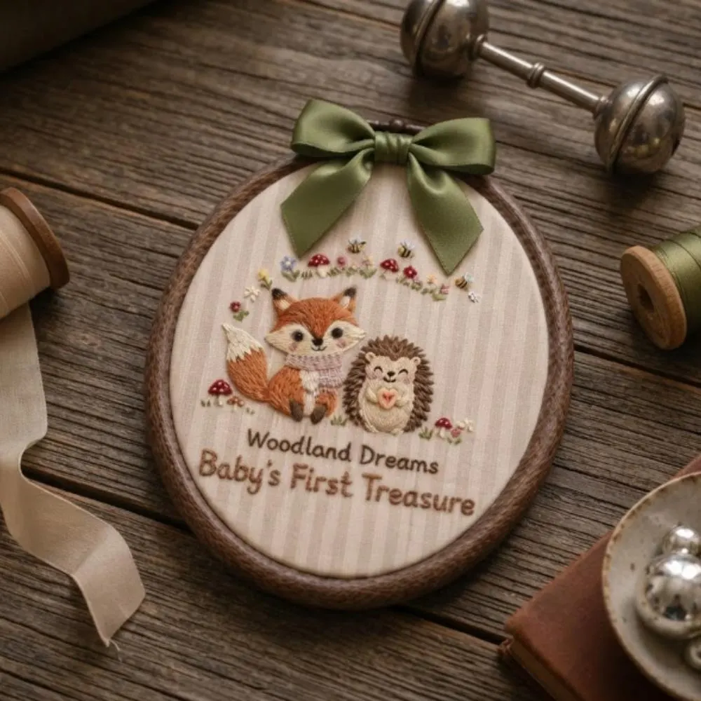 Personalized Woodland Nursery Decor, Fox and Hedgehog Hand-Finished Embroidery Hoop Art, Babyâ€™s First Treasure Keepsake YB1603 - Media 2