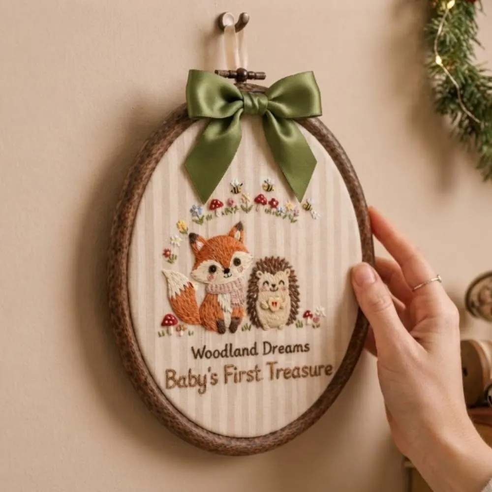 Personalized Woodland Nursery Decor, Fox and Hedgehog Hand-Finished Embroidery Hoop Art, Babyâ€™s First Treasure Keepsake YB1603 - Media 3