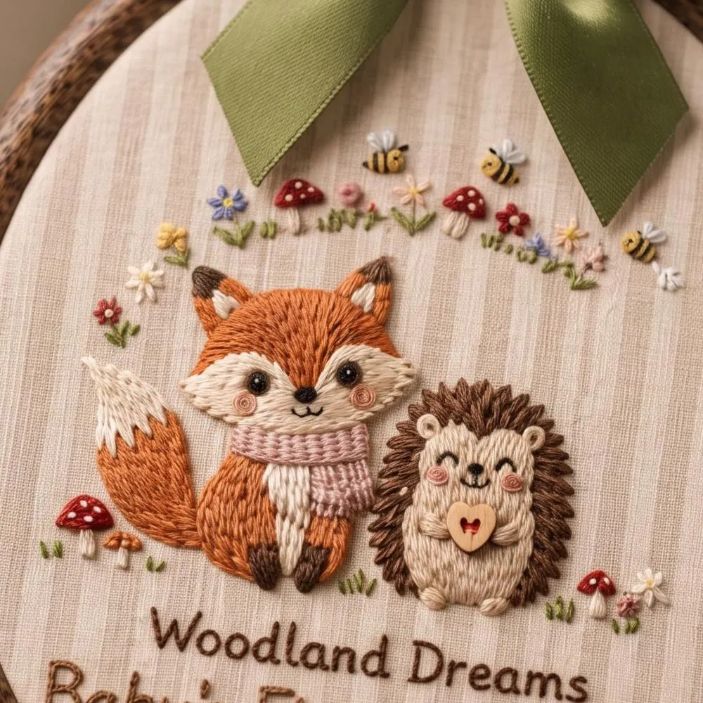 Personalized Woodland Nursery Decor, Fox and Hedgehog Hand-Finished Embroidery Hoop Art, Babyâ€™s First Treasure Keepsake YB1603 - Media 4