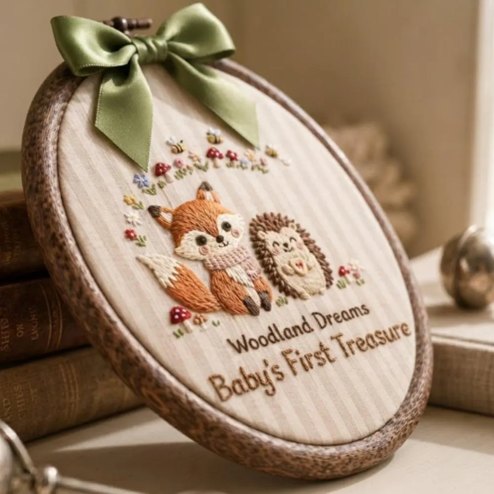 Personalized Woodland Nursery Decor, Fox and Hedgehog Hand-Finished Embroidery Hoop Art, Babyâ€™s First Treasure Keepsake YB1603 - Media 5