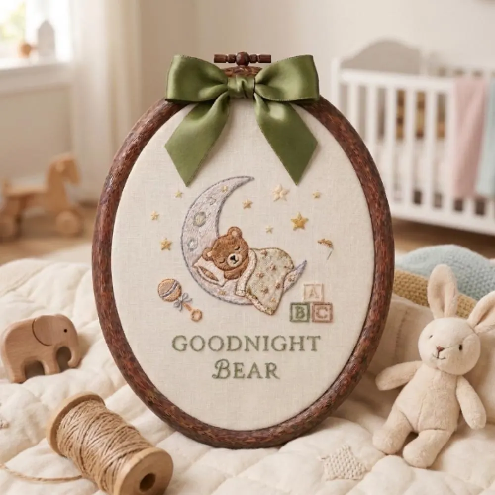 Personalized Goodnight Bear Embroidery Hoop, Custom Baby Name Nursery Wall Art, Teddy Bear on Moon Hand Embroidered Art YB1603