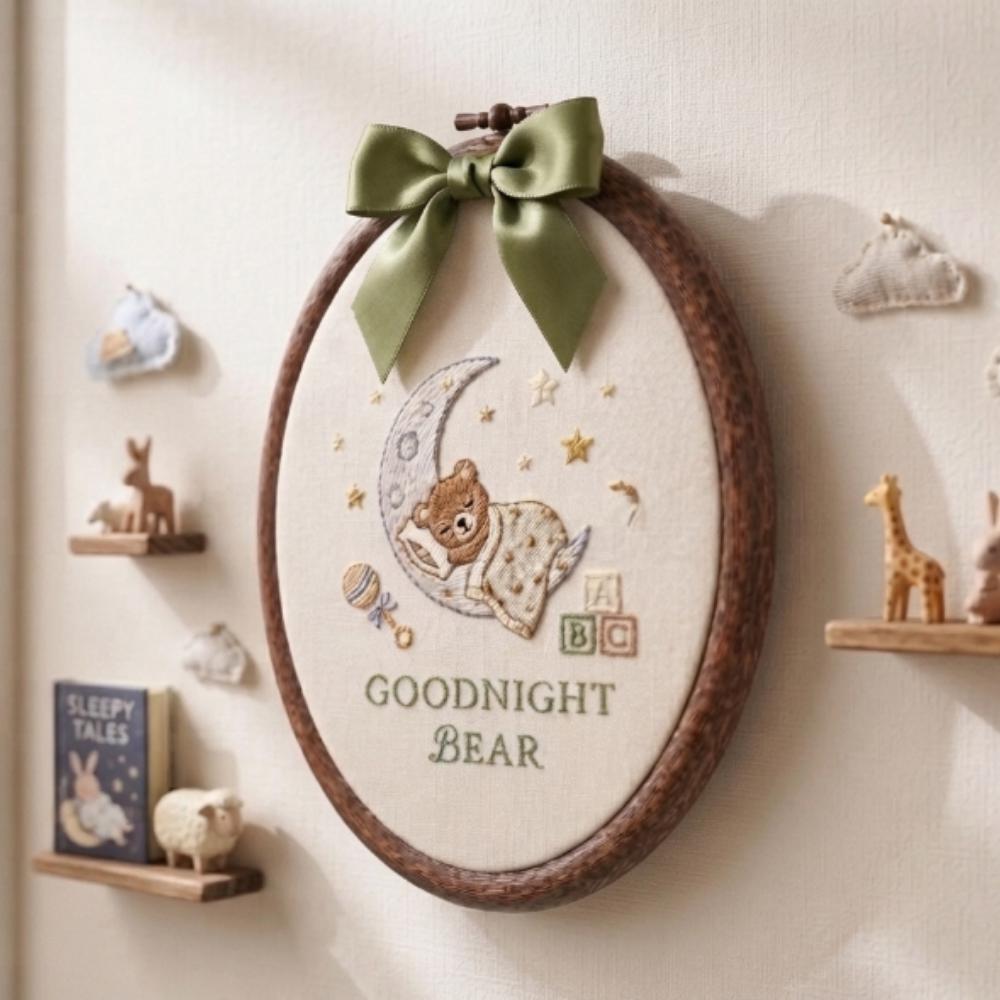 Personalized Goodnight Bear Embroidery Hoop, Custom Baby Name Nursery Wall Art, Teddy Bear on Moon Hand Embroidered Art YB1603 - Media 4