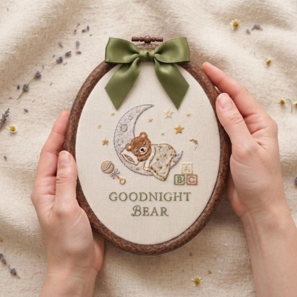 Personalized Goodnight Bear Embroidery Hoop, Custom Baby Name Nursery Wall Art, Teddy Bear on Moon Hand Embroidered Art YB1603 - Media 5