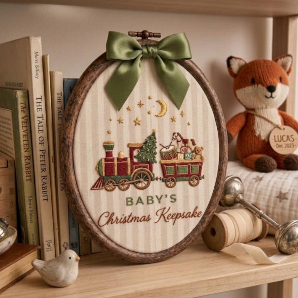 Personalized Baby's First Christmas Embroidery Hoop, Custom Name Holiday Train Nursery Decor, Hand Embroidered Keepsake YB1603 - Media 2