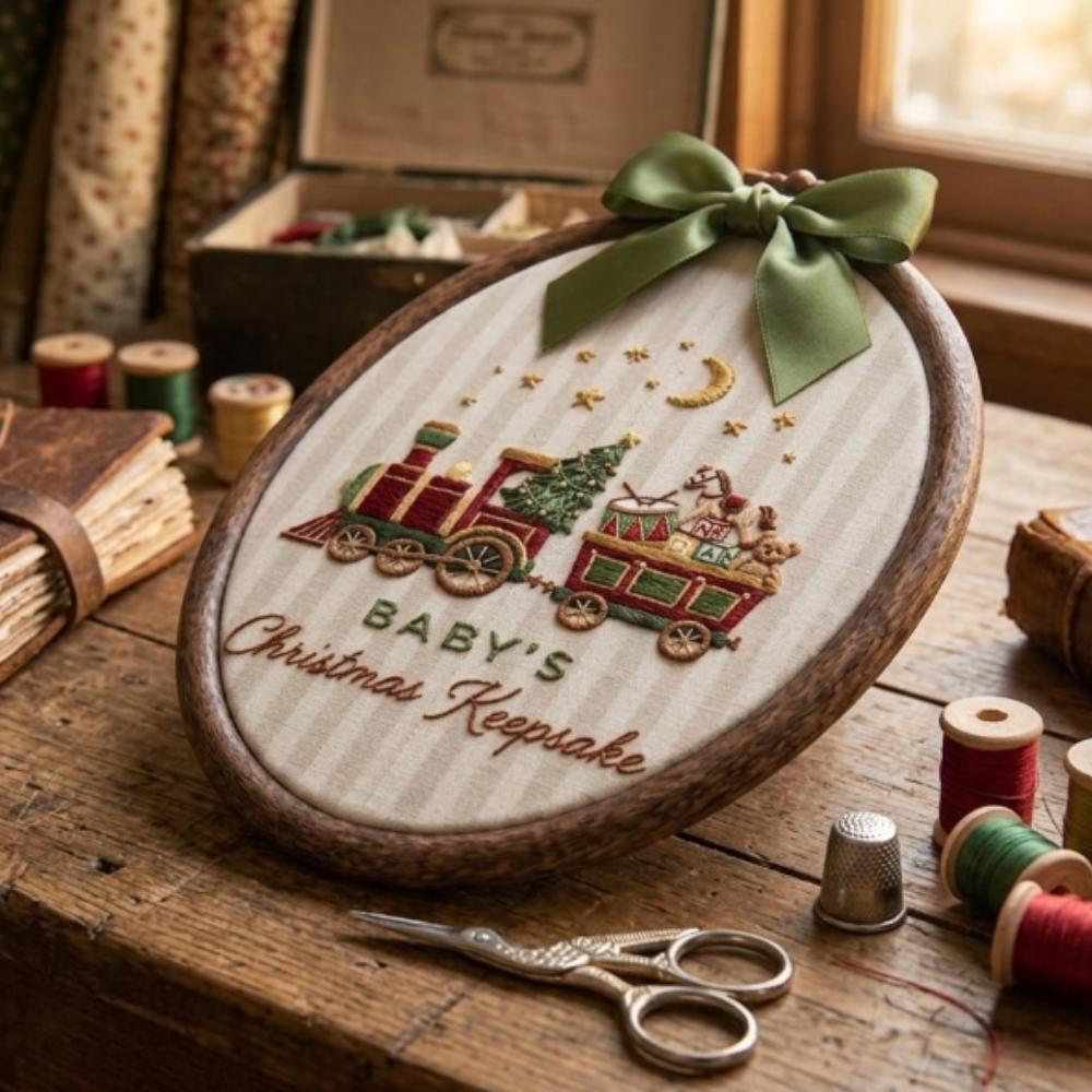 Personalized Baby's First Christmas Embroidery Hoop, Custom Name Holiday Train Nursery Decor, Hand Embroidered Keepsake YB1603 - Media 3