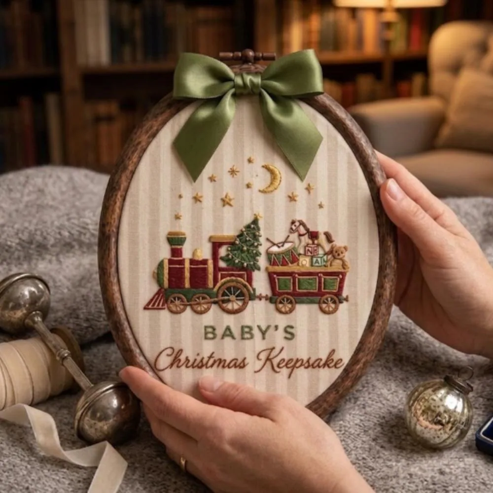 Personalized Baby's First Christmas Embroidery Hoop, Custom Name Holiday Train Nursery Decor, Hand Embroidered Keepsake YB1603 - Media 4