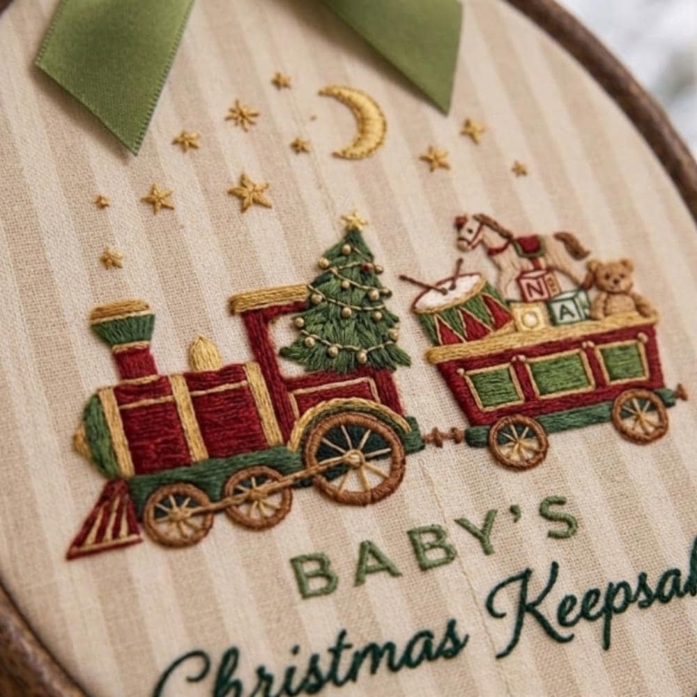 Personalized Baby's First Christmas Embroidery Hoop, Custom Name Holiday Train Nursery Decor, Hand Embroidered Keepsake YB1603 - Media 5