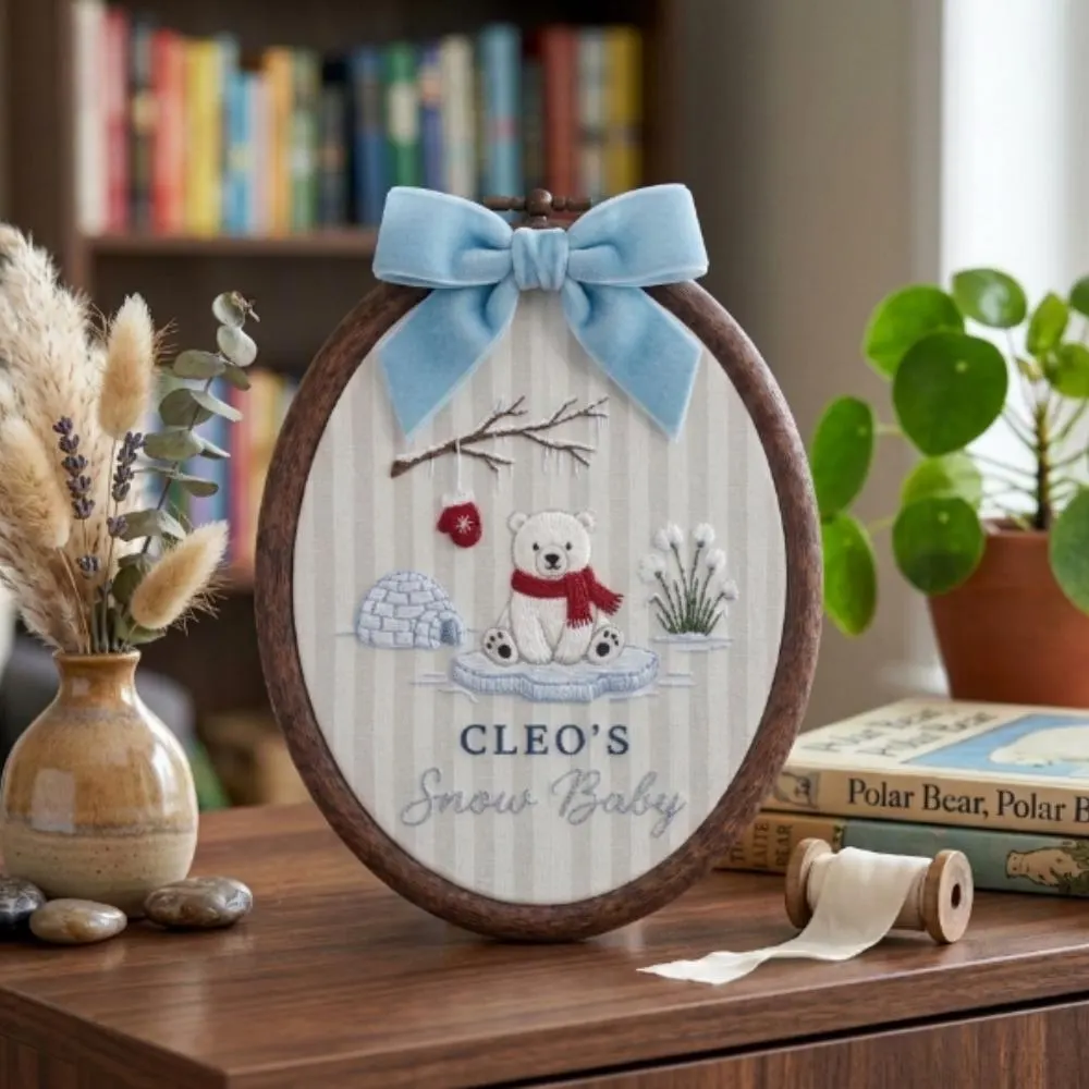 Personalized Snow Baby Polar Bear Embroidery Hoop Art, Custom Name Winter Nursery Decor, Babyâ€™s First Christmas Gift YB1603