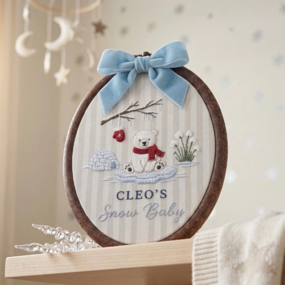 Personalized Snow Baby Polar Bear Embroidery Hoop Art, Custom Name Winter Nursery Decor, Babyâ€™s First Christmas Gift YB1603 - Media 3