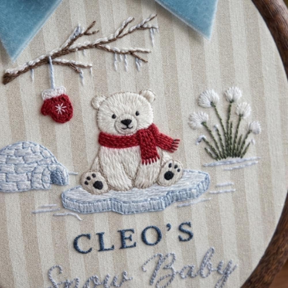 Personalized Snow Baby Polar Bear Embroidery Hoop Art, Custom Name Winter Nursery Decor, Babyâ€™s First Christmas Gift YB1603 - Media 4