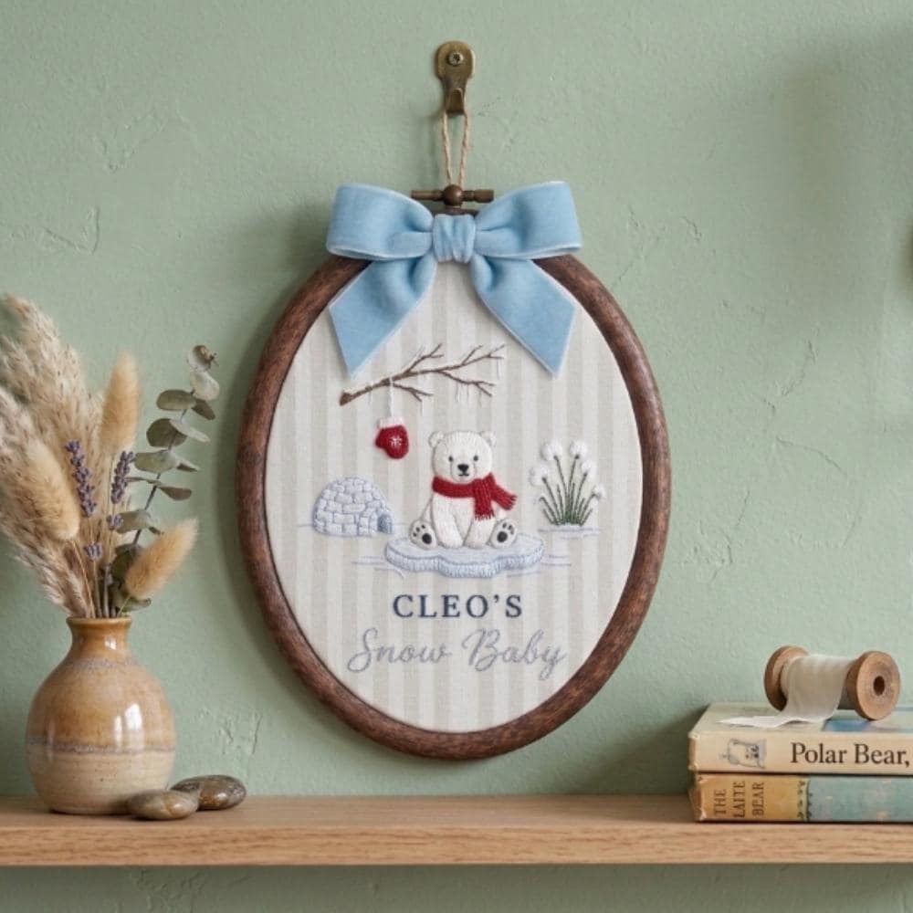 Personalized Snow Baby Polar Bear Embroidery Hoop Art, Custom Name Winter Nursery Decor, Babyâ€™s First Christmas Gift YB1603 - Media 5