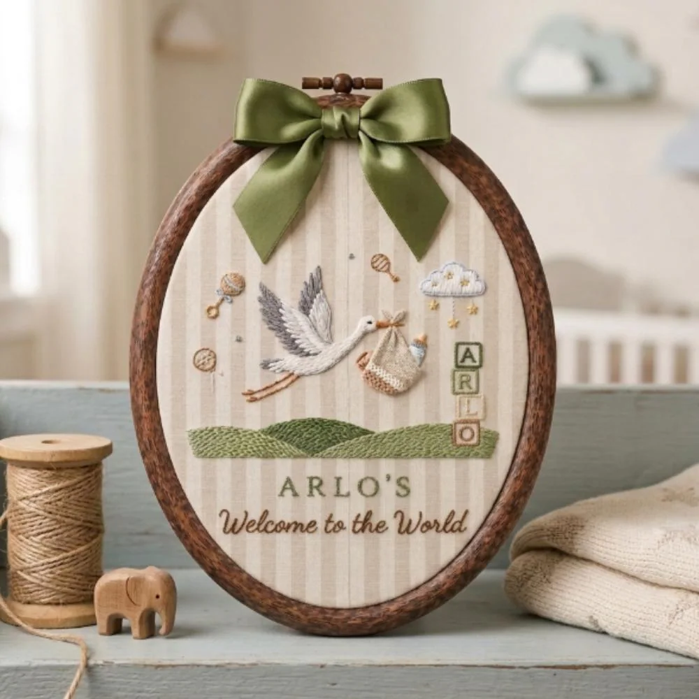 Personalized Stork Baby Birth Announcement, Hand Embroidered Welcome to the World Hoop, Custom Baby Name Keepsake YB1603