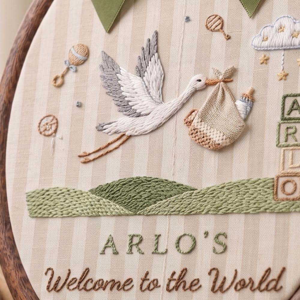 Personalized Stork Baby Birth Announcement, Hand Embroidered Welcome to the World Hoop, Custom Baby Name Keepsake YB1603 - Media 4