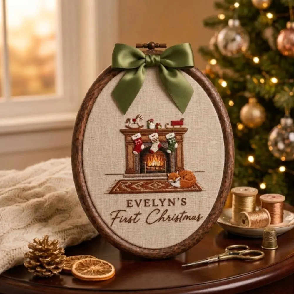 Personalized Baby's First Christmas Embroidery Hoop, Custom Name Christmas Keepsake, Fireplace Scene Nursery Decor, Baby Holiday Gift YB1603