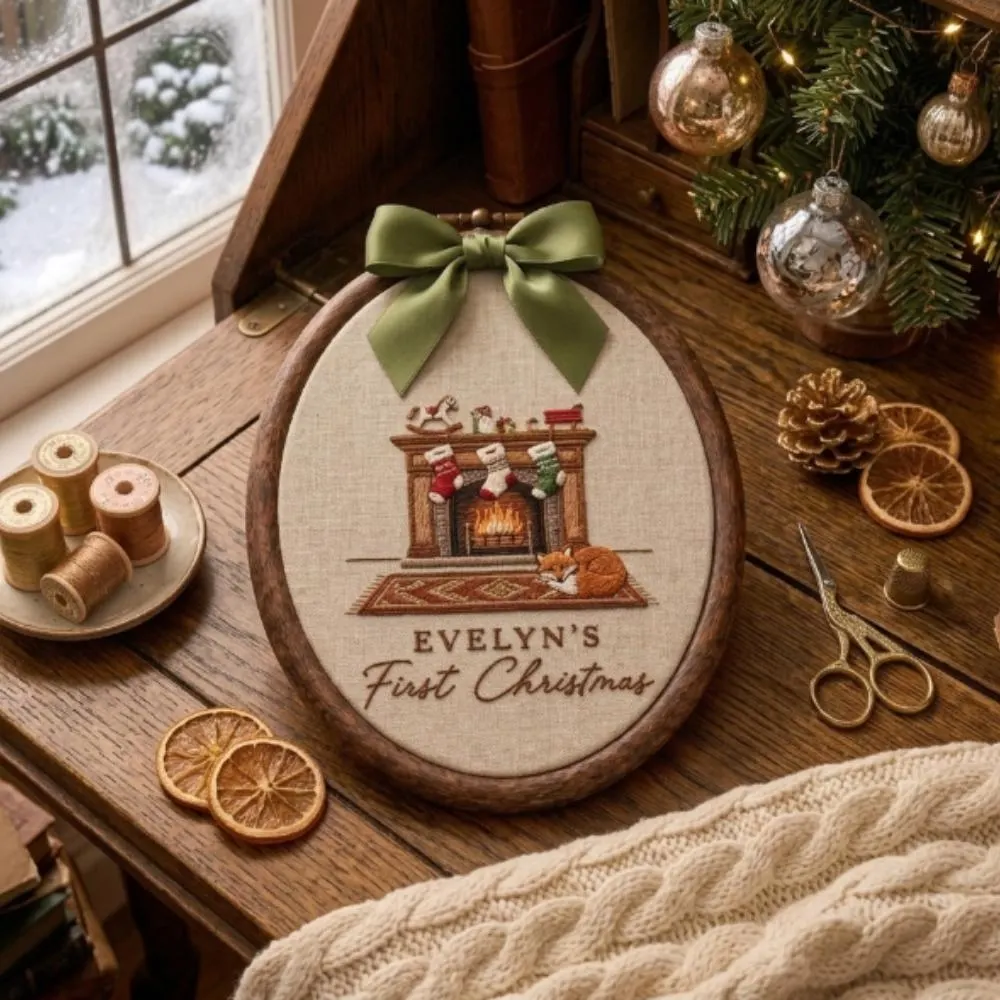 Personalized Baby's First Christmas Embroidery Hoop, Custom Name Christmas Keepsake, Fireplace Scene Nursery Decor, Baby Holiday Gift YB1603 - Media 2
