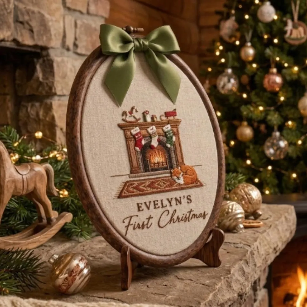 Personalized Baby's First Christmas Embroidery Hoop, Custom Name Christmas Keepsake, Fireplace Scene Nursery Decor, Baby Holiday Gift YB1603 - Media 3