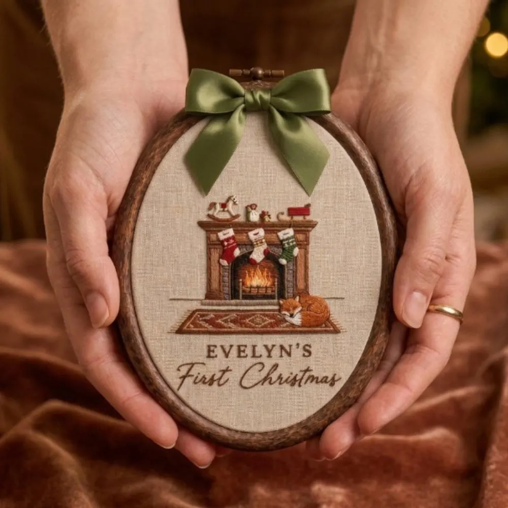 Personalized Baby's First Christmas Embroidery Hoop, Custom Name Christmas Keepsake, Fireplace Scene Nursery Decor, Baby Holiday Gift YB1603 - Media 4
