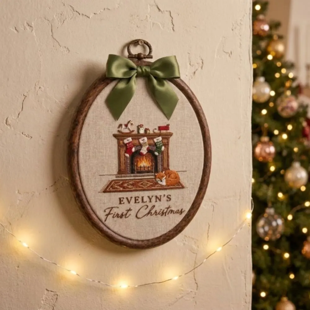 Personalized Baby's First Christmas Embroidery Hoop, Custom Name Christmas Keepsake, Fireplace Scene Nursery Decor, Baby Holiday Gift YB1603 - Media 5